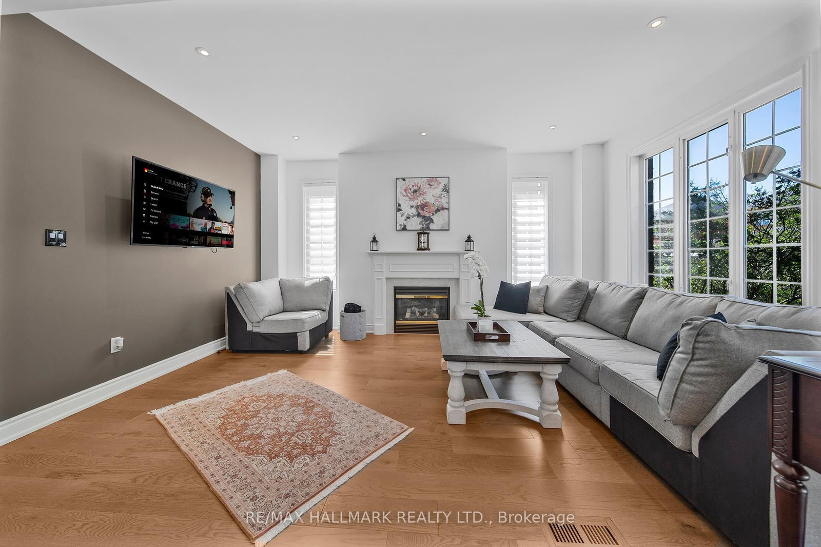 A family room under a vaulted ceiling